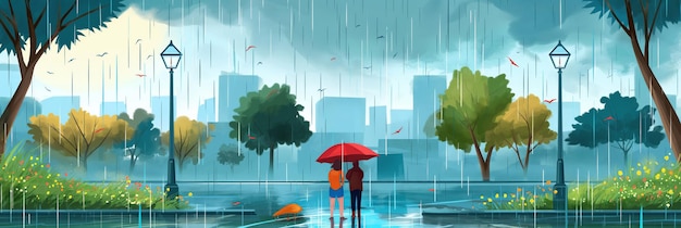 A man and a woman take shelter under an umbrella in the rain at a park