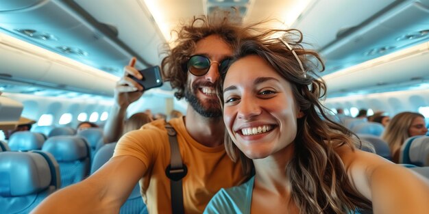 Man and Woman Taking Selfie on Airplane