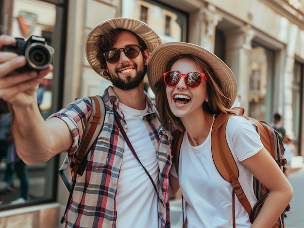 Photo a man and a woman taking a selfie with a camera