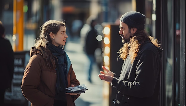 Photo a man and a woman talking on the street