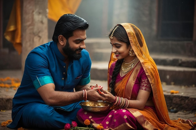 a man and woman in a temple with the hands holding a bowl of gold coins