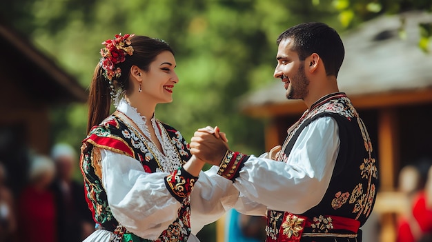 A man and woman in traditional Romanian clothing are dancing together