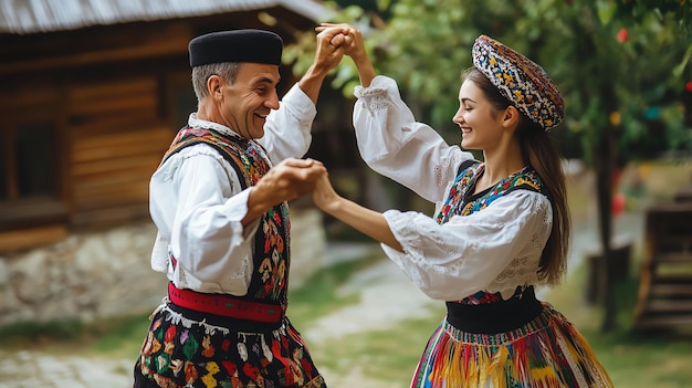 Photo a man and woman in traditional romanian costumes dance together