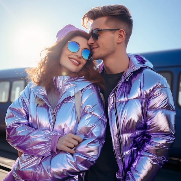 Man and woman travelling with backpacks in purple short foil puffer coats with holographic gradients