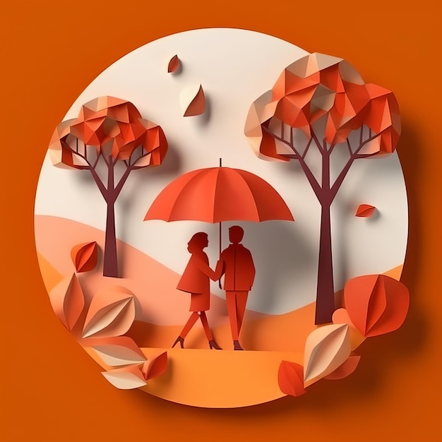 Man and woman under an umbrella paper style Generative AI