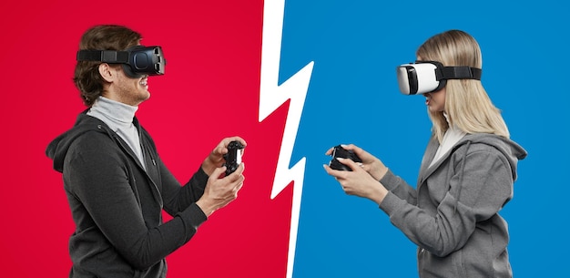 Photo man and woman in vr goggles playing against each other