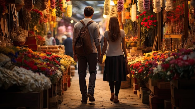 a man and a woman walk through a flower market.