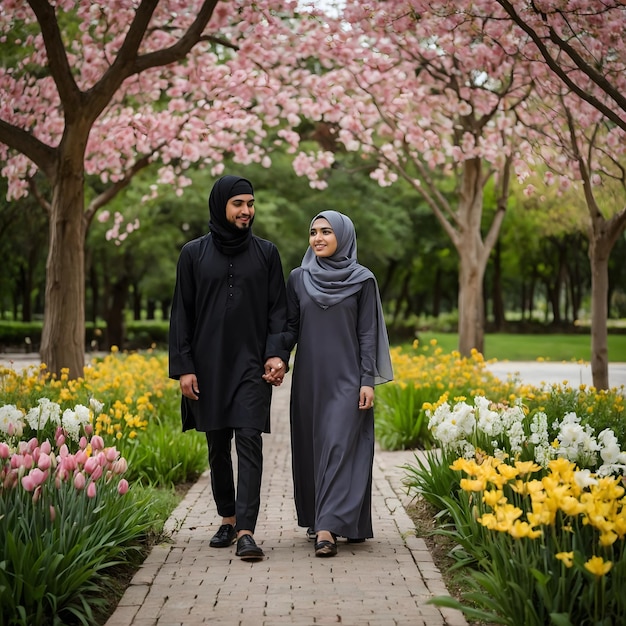 a man and a woman walk through a park with flowers and trees