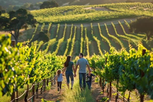 Photo a man and a woman walking among grapevines in a vineyard a picturesque vineyard with a family tasting wine and taking a leisurely stroll through the rows of grapevines