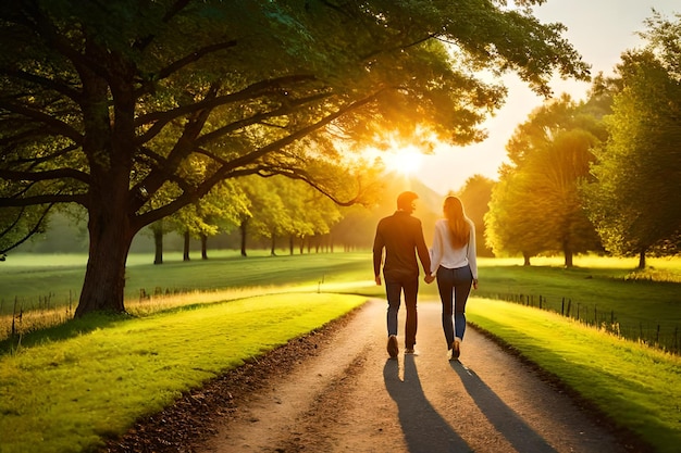 a man and woman walking down the middle of a road