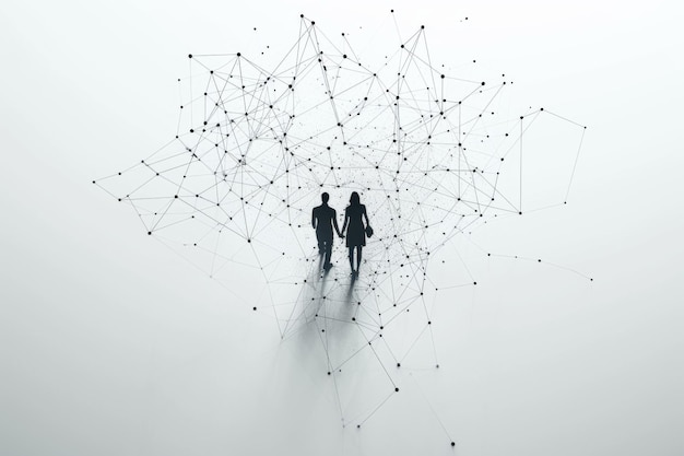 Photo man and woman walking through a stylized network of connected lines