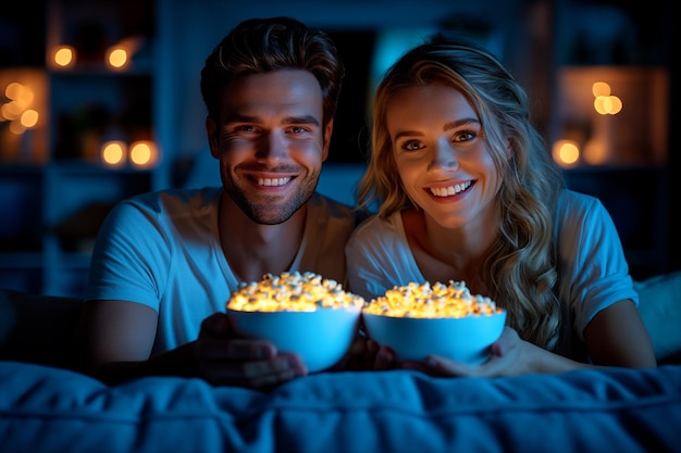 man and woman watching TV sitting on sofa in blue living room eating popcorn