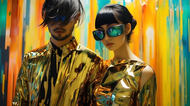 man and woman wearing colorful clothes with glasses on colorful background