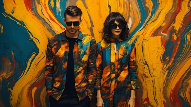 man and woman wearing colorful clothes with glasses on colorful background