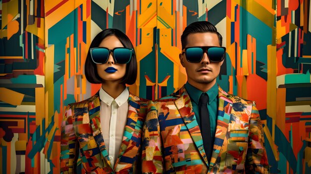 man and woman wearing colorful clothes with glasses on colorful background