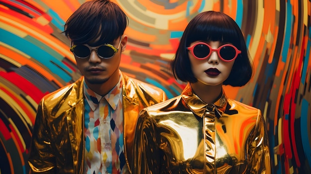 man and woman wearing colorful clothes with glasses on colorful background