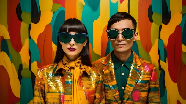 man and woman wearing colorful clothes with glasses on colorful background