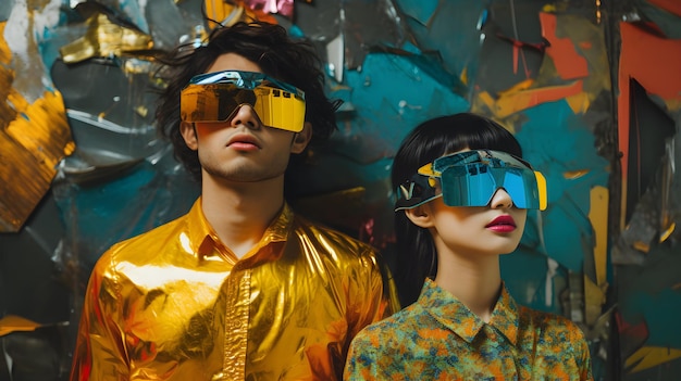 man and woman wearing colorful clothes with glasses on colorful background