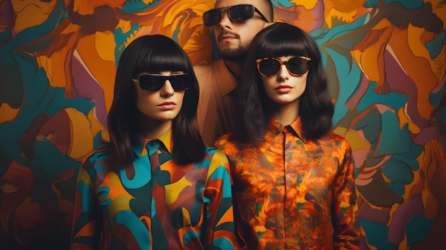 man and woman wearing colorful clothes with glasses on colorful background