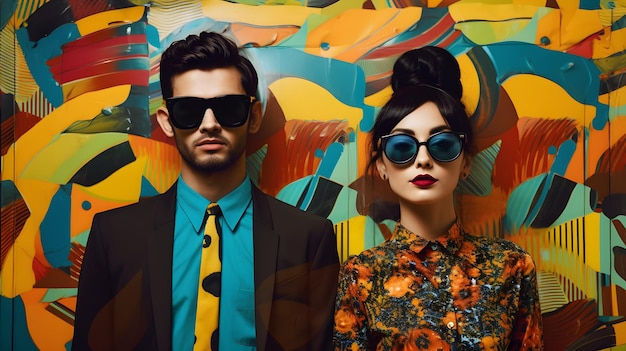 man and woman wearing colorful clothes with glasses on colorful background