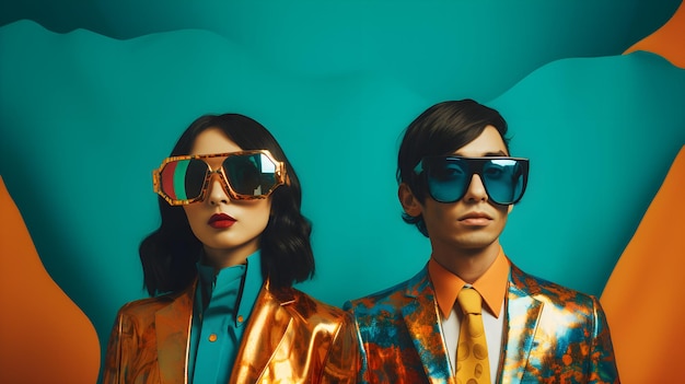 man and woman wearing colorful clothes with glasses on colorful background