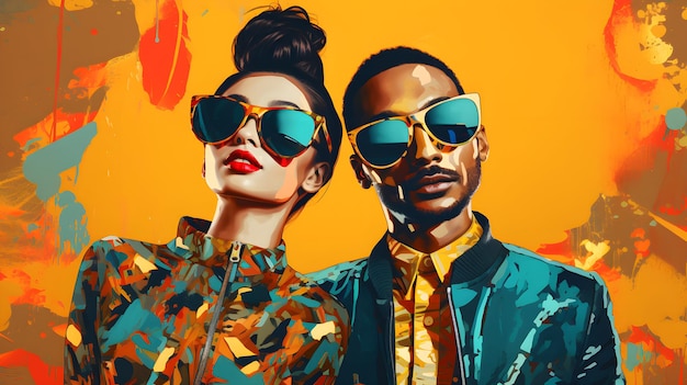 man and woman wearing colorful clothes with glasses on colorful background