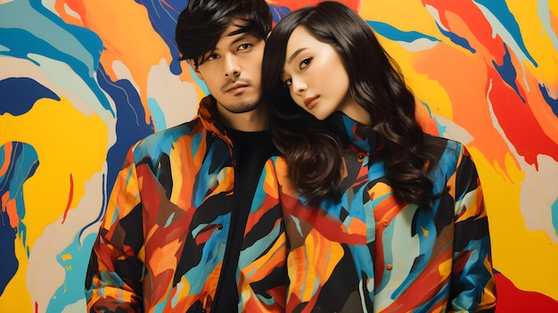 man and woman wearing colorful clothes with glasses on colorful background