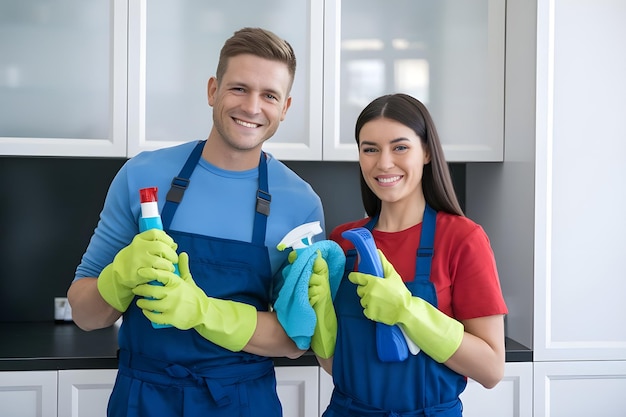 a man and woman wearing rubber gloves holding a brush and a spray can