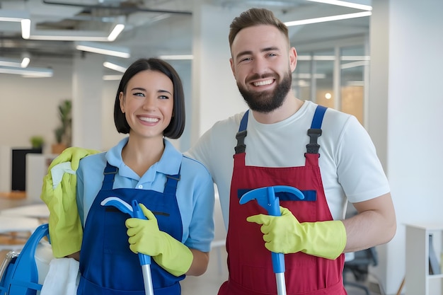 a man and woman wearing rubber gloves with a blue shovel