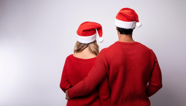 Photo a man and a woman wearing santa hats are standing in front of a wall