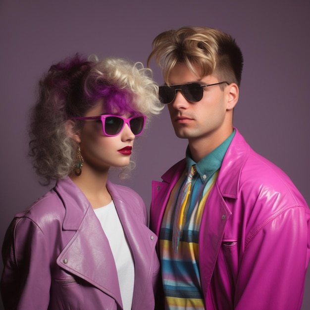 a man and woman wearing sunglasses and a pink jacket with purple lipstick.