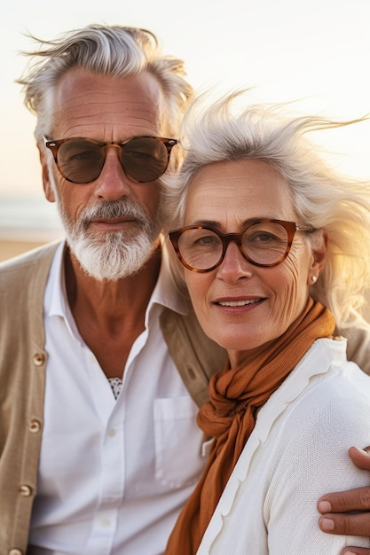 A man and a woman wearing sunglasses stand together on a beach.