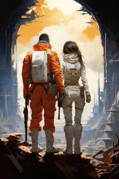 Man and woman wearing white and orange mission suits looking towards a postapocalyptic city AI generated