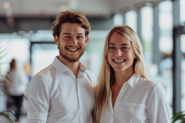 Photo a man and woman wearing white shirts that say  they are smiling