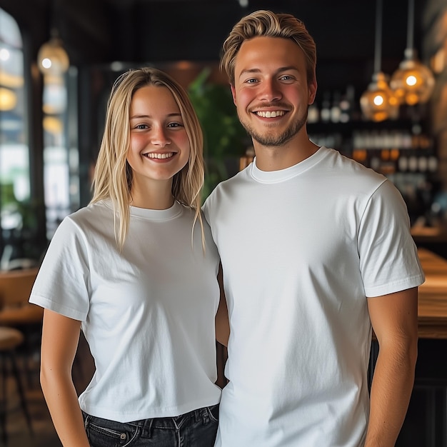 a man and woman wearing white shirts that say they are wearing white shirts