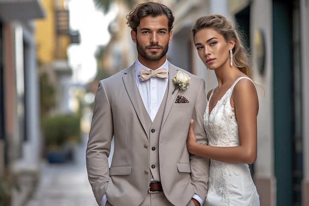 A man and a woman in a wedding dress stand in the street.