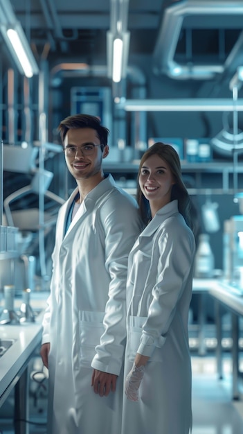 Photo a man and a woman in white are standing in front of a large scale model