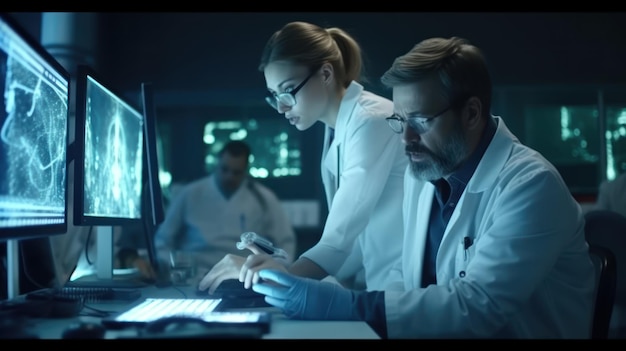 A man and a woman in white lab coats sit in a dark room, one of them is holding a microscope.