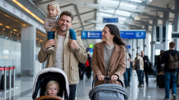 Photo a man and woman with a baby in a stroller with a sign behind them that says  the airport