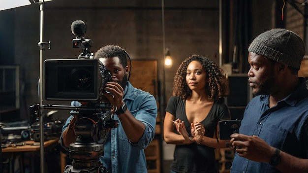 a man and woman with a camera and a man in front of them with a camera in front of them