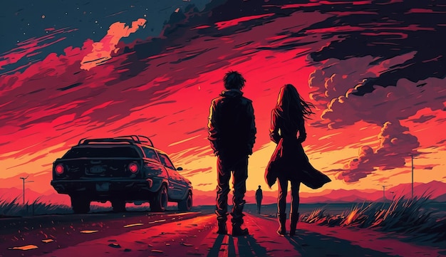 Man and woman with car at sunset Generative AI