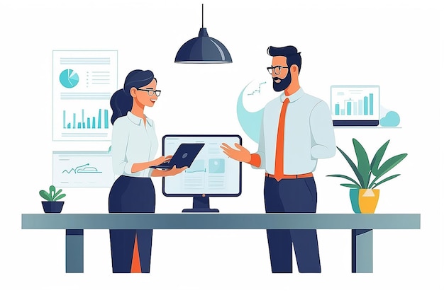 Man and woman with computers Two people in office having a business conversation while standing talking and discussing work together Flat design vector illustration with white background