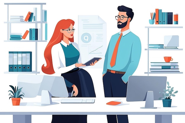 Man and woman with computers Two people in office having a business conversation while standing talking and discussing work together Flat design vector illustration with white background