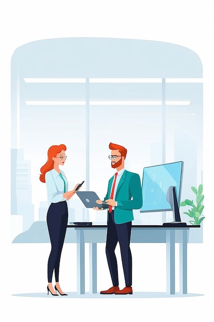 Man and woman with computers Two people in office having a business conversation while standing talking and discussing work together Flat design vector illustration with white background