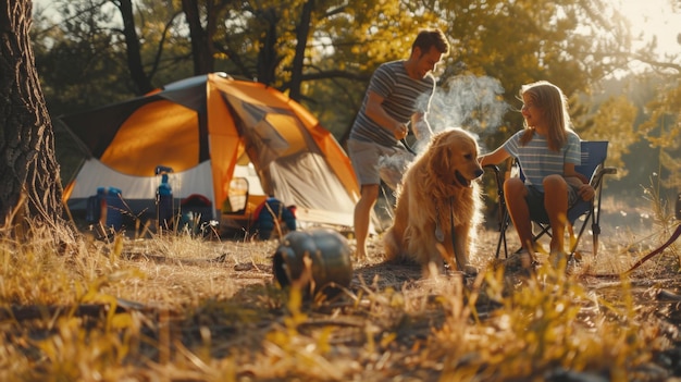 Man and Woman With Dog in Front of Tent