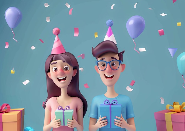 Man and woman with gift holiday discounts Birthday celebration 3D cartoon animation