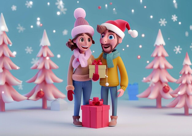 Man and woman with a gift holiday promotions and discounts Christmas theme 3D cartoon animation