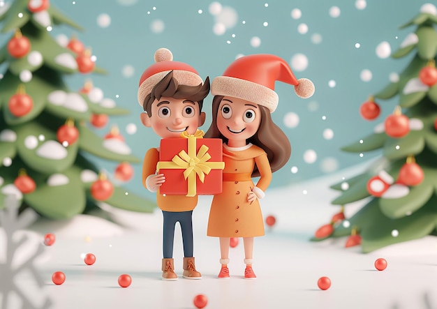 Man and woman with a gift holiday promotions and discounts Christmas theme 3D cartoon animation