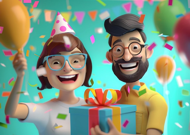 Man and woman with holiday gift promotional discounts Birthday celebration 3D cartoon animation