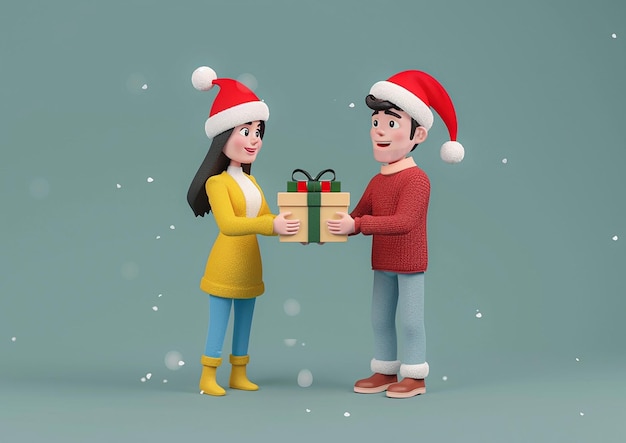 Man and woman with holiday gift special offer for Christmas 3D cartoon animation